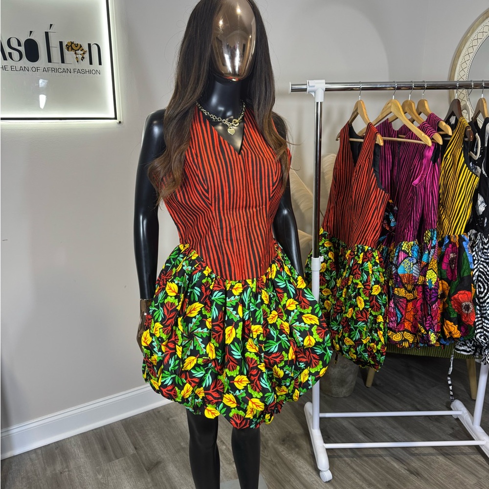 Striped Red and Floral Green Mini Dress